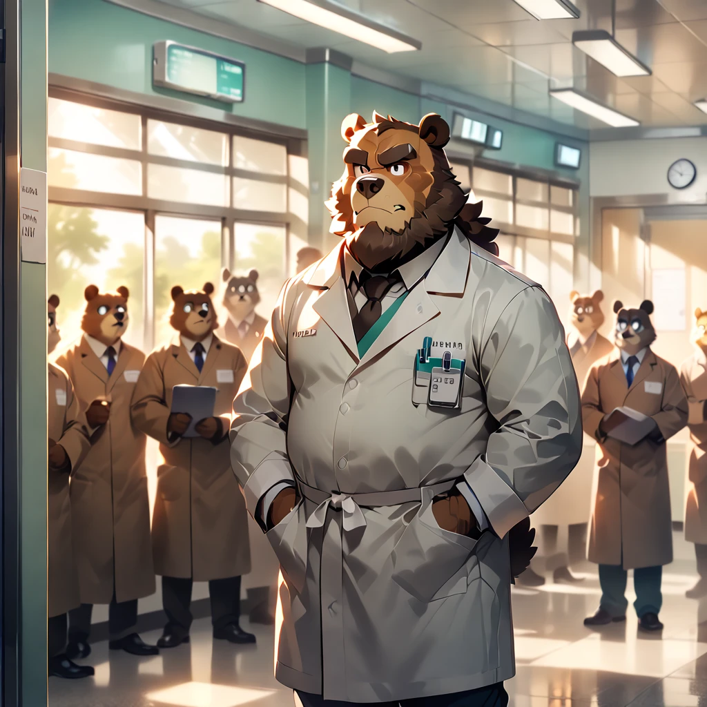 masterpiece, best quality, very aesthetic, absurdres, BREAK  doctor, 6 men, [face:full body:10], front angle, plump middle-aged director of a hospital bear man, fluffy body, tail, brown eyes, beautiful beard, male face, big face, square jawline, male eyes, sharp eyes, big eyes, male eyebrows, innocent look, BREAK serious, white coat, standing, director's rounds, BREAK [simple background::12], afternoon, corridor, university hospital, indoor,