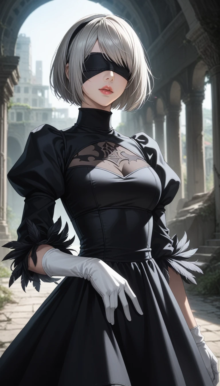 score_9, score_8_up, score_7_up, 32k,masterpiece, highest quality, photo realistic, vibrant colors, chiaroscuro lighting,
2B Nier Automata, 
bob cut, gray hair, bangs, blindfold, pink lips,
black goth dress, long sleeve, Juliet sleeve, white gloves, turtleneck, feather ornament, feather ornament sleeves,
ruins, a ruined world, a devastated battlefield, picturesque, beautiful scenery, fantastic night sky
seductive pose, cinematic angle,