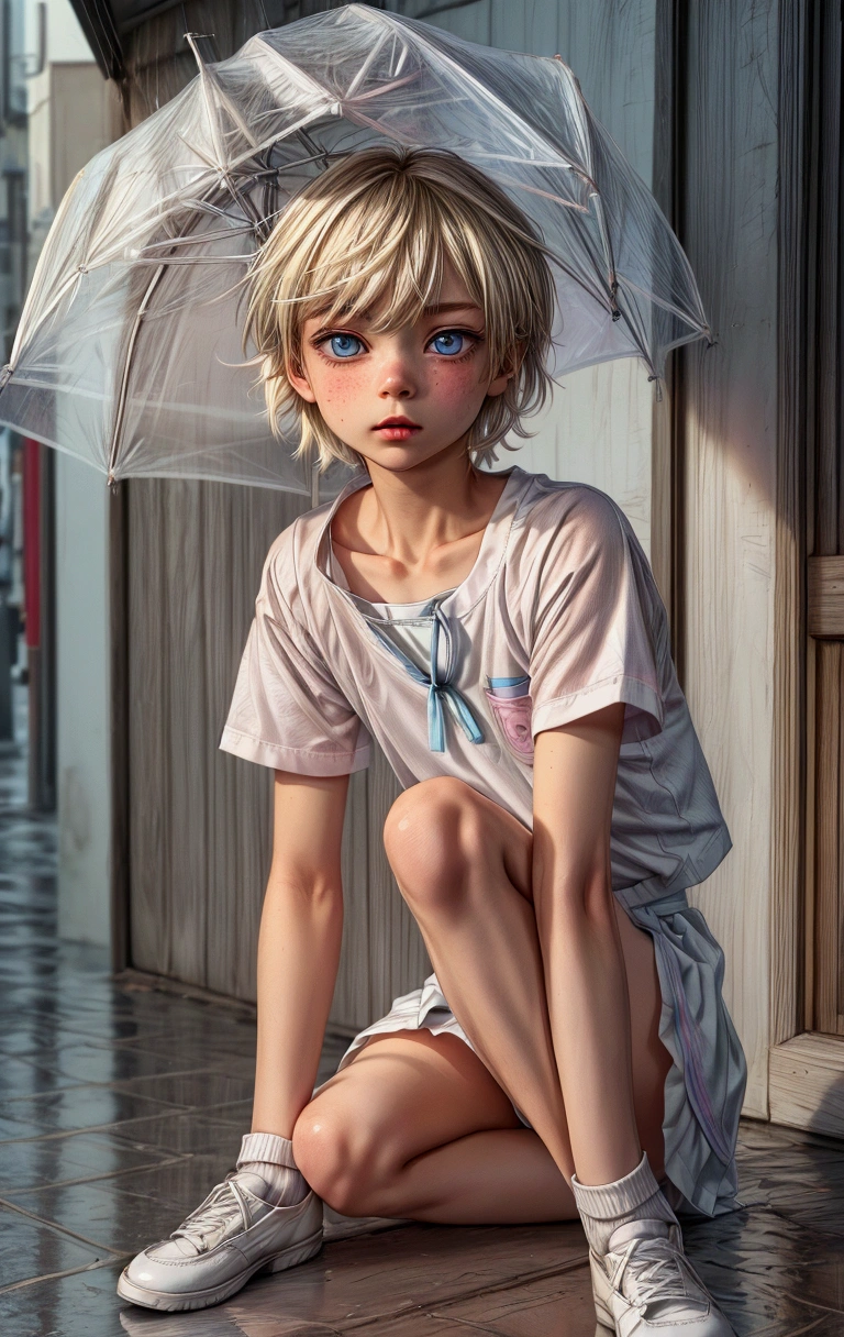 Anime style, Highres, Masterpiece, Best quality at best, Best Quality, hight quality, hight detailed, 1boy, (little boy), blonde boy, perfect boy body, cute boy, detailed light blue eyes, short hair, messy hair, pastel rainbow inner hair color mesh, Neutral Facial Features, wears white sailor suit, boy chest, pink tie, Pink sailor skirt, mini skirt, without breasts, beautiful long legs, white stockings over knee, perfect black school shoes, perfect boy body, rainy afternoon on the street, highest quality,