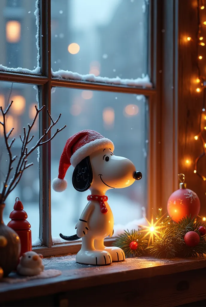 Ceramic Snoopy,Composition 3／1 is Snoopy,The background is the cityscape seen from the window,Antique table,Wooden window sill,Winter Scenery,Christmas Night,A room full of Christmas decorations,illumination,Background blur, Sparkle Effect, Super detailed, Soft Light, High resolution, masterpiece, accurate, Best Quality, 