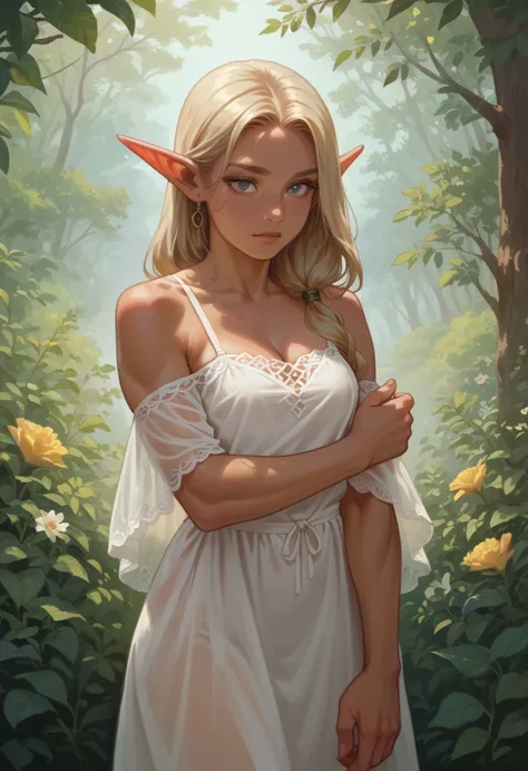 female elf with blonde hair, attractive, beautiful, (thick arm), thick and wide arm, muscular,  tanned skin