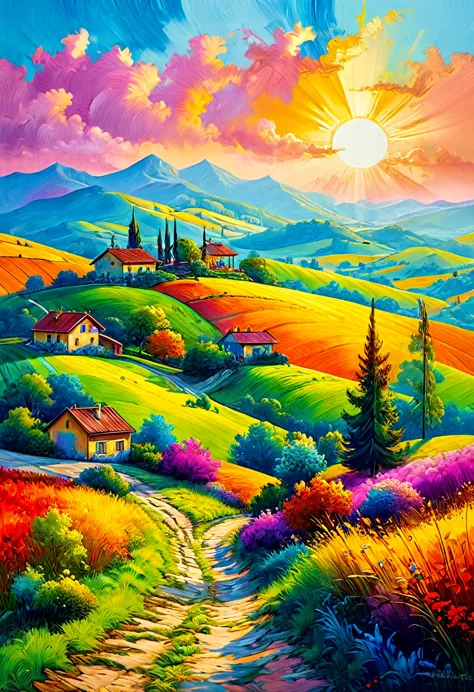 masterpiece, best composition, best quality, colorful oil painting, sunny hilly landscape, beautiful gradients of hills, made en...