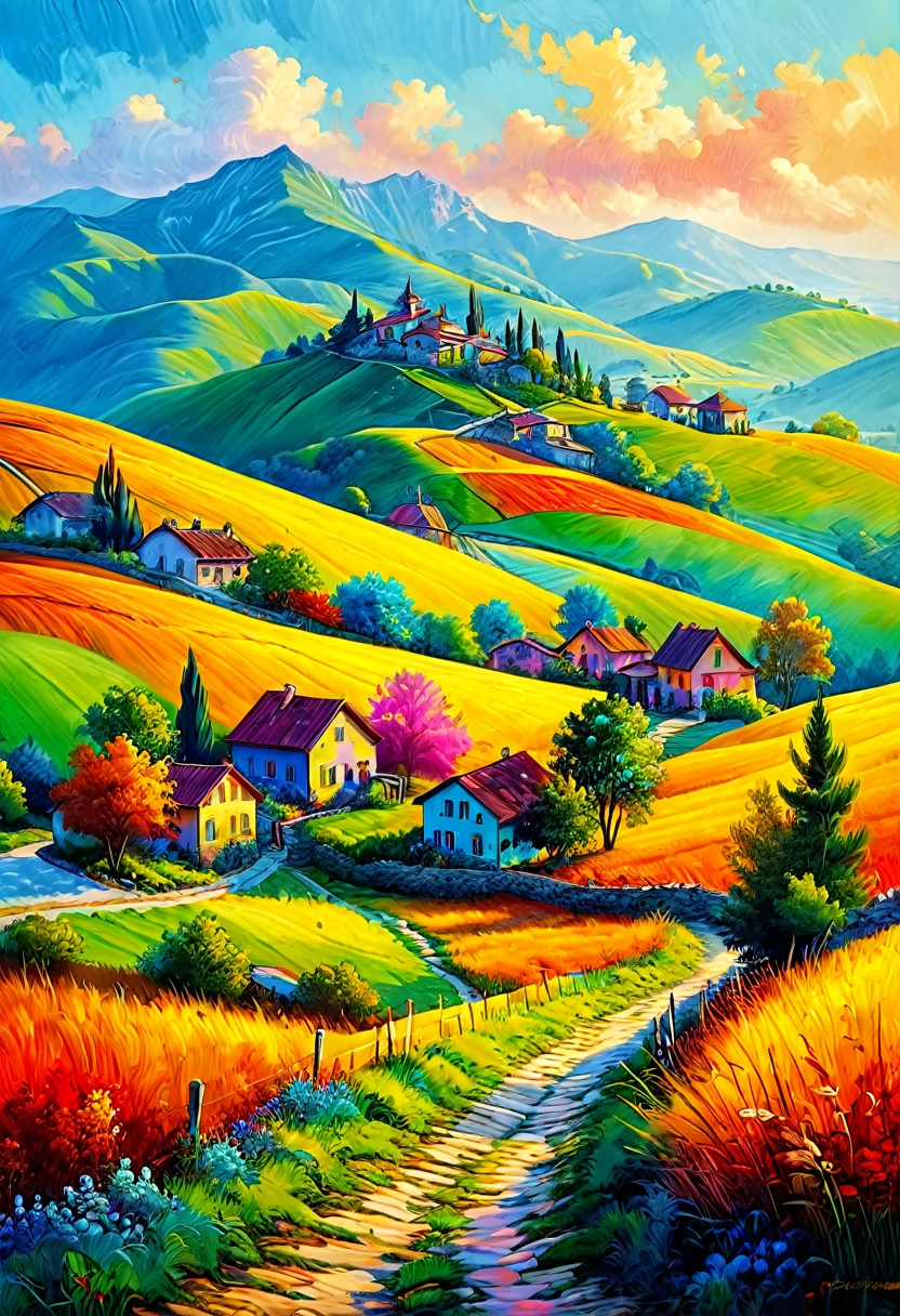 Masterpiece, best composition, best quality, colorful oil painting, sunny hilly landscape, beautiful gradients of hills, made entirely of gradients, surreal colors, beautiful wallpaper, colorful landscape, amazing artwork.