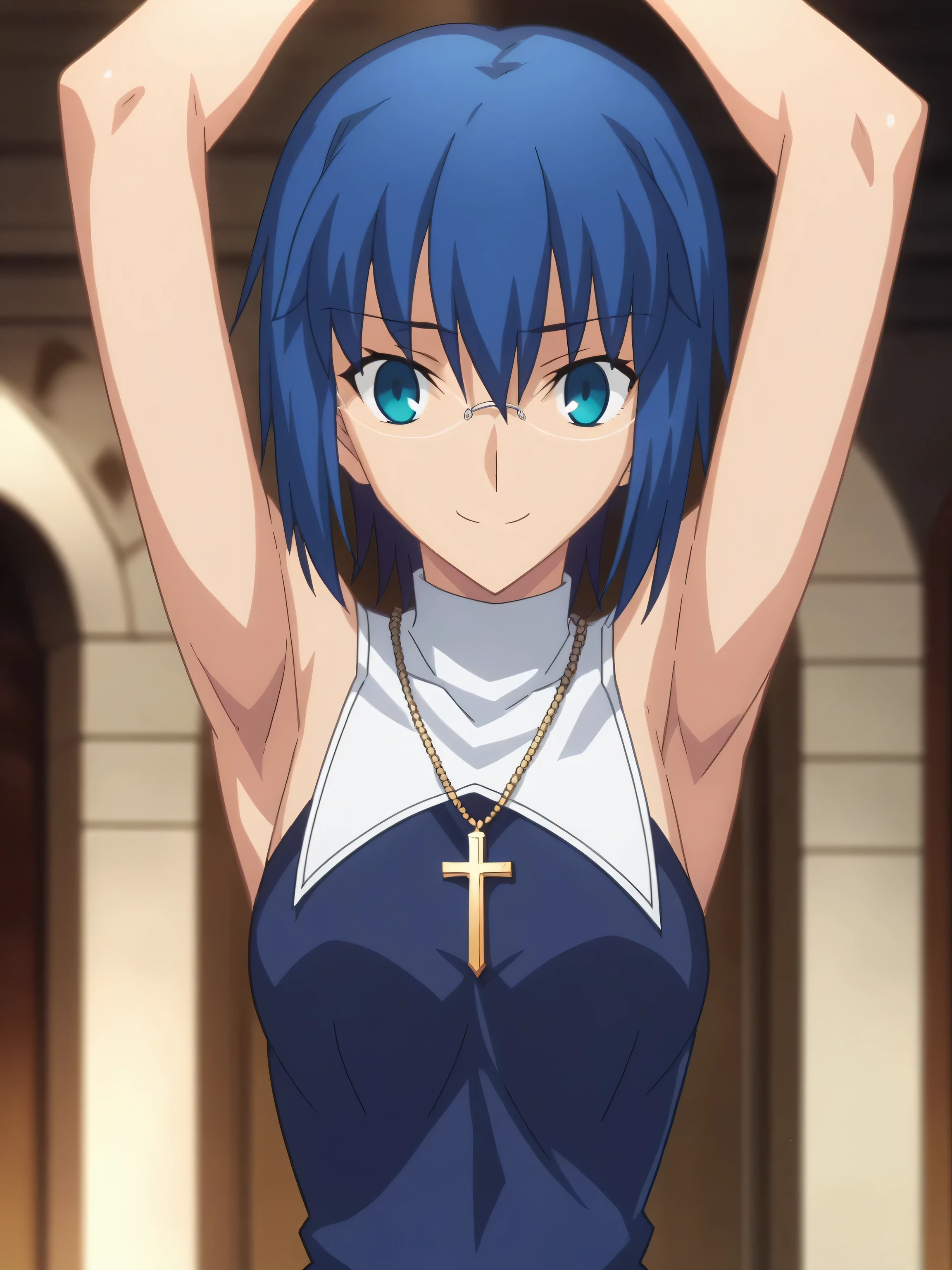 score_9, score_8_up, score_7_up, source_anime, anime screencap, indoors, ciel, dark blue hair, glasses, nun, dress, dark blue dress, cross necklace, sleeveless, bare shoulders, bare arms, looking at viewer, eye contact with viewer, smile, closed mouth, arms up, raised arms, fate_go_style