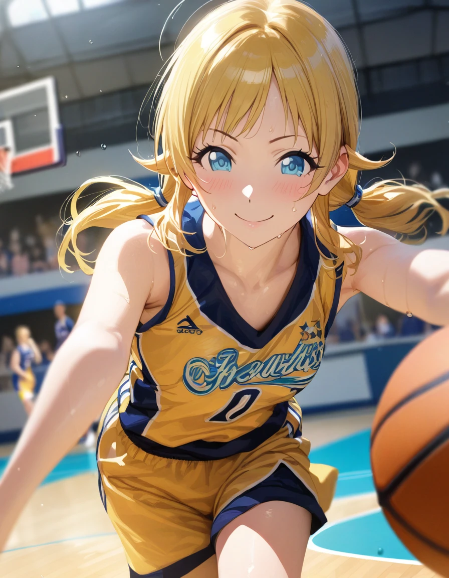 (masterpiece),(Highest quality),(Very detailed),(Best illustrations),(Best Shadow),(Absurd),(Detailed Background),(so beautiful), 4K, 8K,
Official Style,

Meguru Hachimiya, blonde hair, long hair, blue eyes,

the idolmaster shiny colors,
low twintail,
chest,
smile,
blush,
sweat,

basketball uniform,

playing basketball,

Japan,
gym,
Background Blur, 
focus on face,
(realistic skin:1.2),