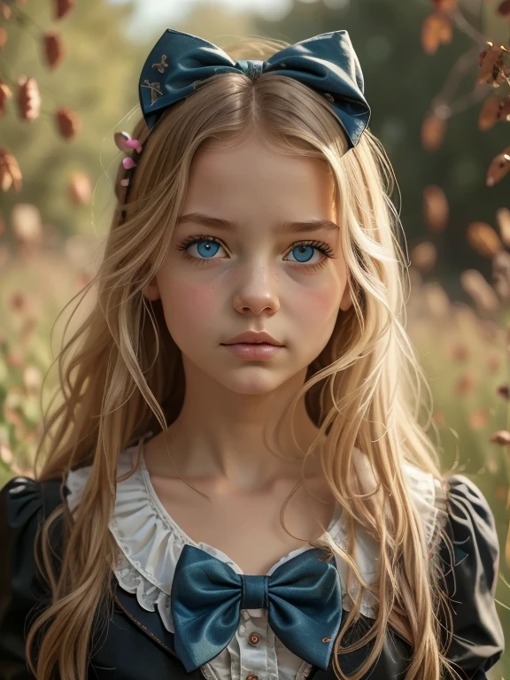 1girl, masterpiece, best quality, 8k, detailed skin texture, detailed cloth texture, beautiful detailed face, intricate details, ultra detailed, Alice in Wonderland, (a bow on her head:1.1), upper body, blonde hair, blue eyes, full body