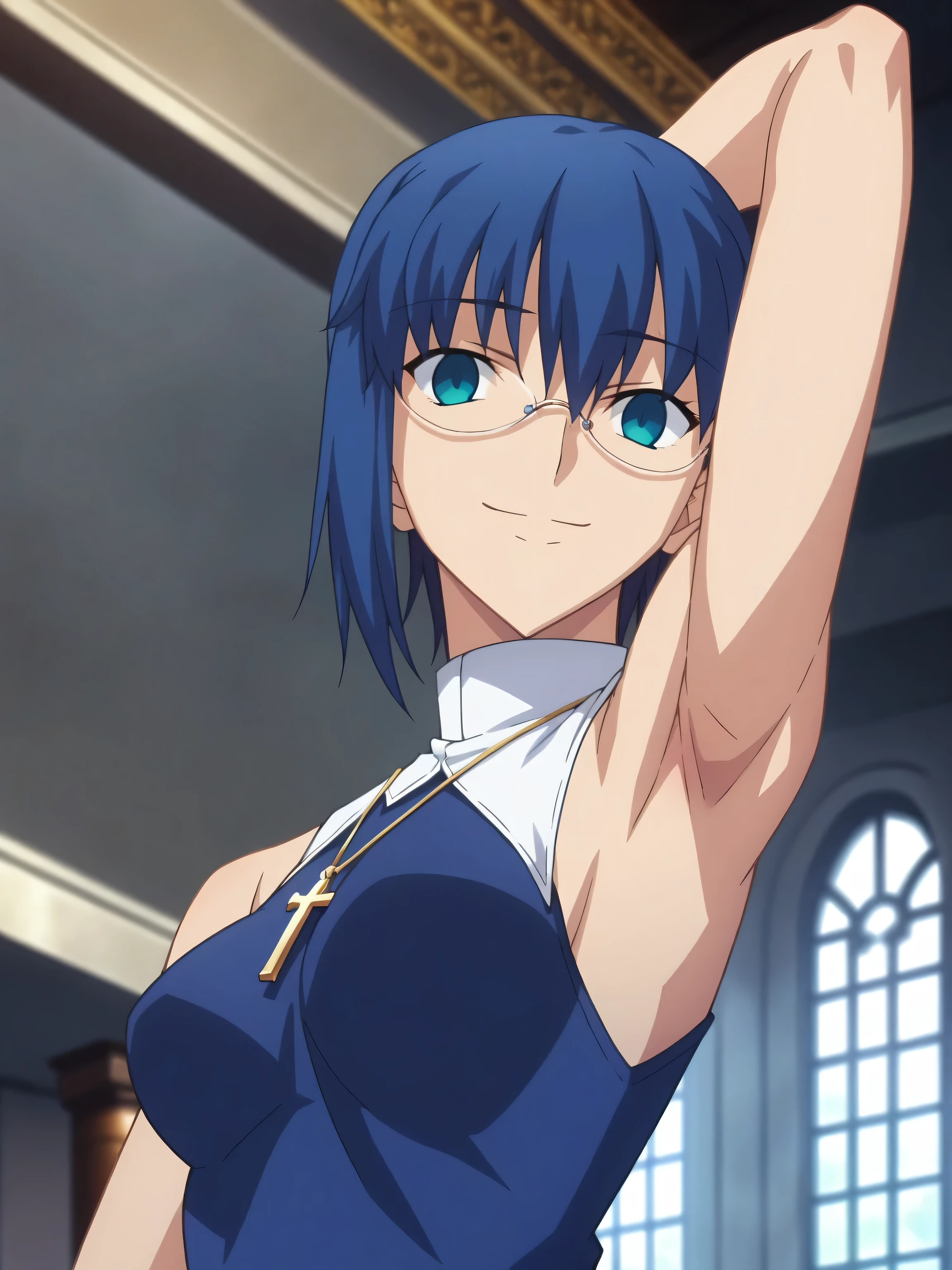 score_9, score_8_up, score_7_up, source_anime, anime screencap, indoors, ciel, dark blue hair, glasses, nun, dress, dark blue dress, cross necklace, sleeveless, bare shoulders, bare arms, looking at viewer, eye contact with viewer, smile, closed mouth, arms up, raised arms, fate_go_style