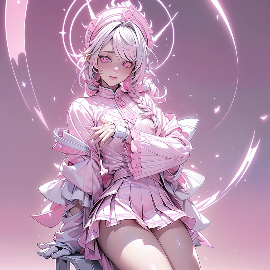 (pink_theme, dreamy_scenery:1.2), absurdres, highres, (official art, thunder, beautiful and aesthetic:1.2), best_quality, masterpiece, 1girl, badass, (faint_smile, closed_mouth:1.2), (cute, petite, kawaii:1.4), profile, character_profile, (sitting:1.2), from_side, (pink_miniskirt, white_frilled_shirt, fingerless_gloves, white_trim, hair_ornament:1.4), (white_hair, multicolored_hair, pink_eyes, dual_colored_eyes, multicolored_eyes:1.5), (french_braid, long_hair, pink_headwear:1.2), shoulder_sash, colorful, (close-up:1.2), white_legwear, abyss eyes,Shiny skin,oil, Tzeentch,extremely detailed CG unity 8k wallpaper,masterpiece, ((ultra-detailed)), ((illustration)),colorful,wallpaper,energy,Unknown terror,arcane,Around the magic,magic surrounds,pages flying all over the sky,Know it all,Predicting the Future,Know the past,Infinite wisdom,Warlock,Magical Circle,Pentagram,incantation,mantra,Singing magic, (shining eyes:1.2), (fractal art, (kaleidoscope:0.9), colorfield painting, (shine effects, seraph effects, lighting effects:1.1), (white_and_pink_theme:1.5)