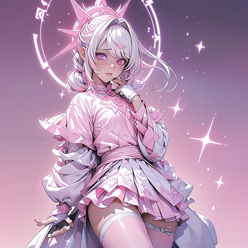 (pink_theme, dreamy_scenery:1.2), absurdres, highres, (official art, thunder, beautiful and aesthetic:1.2), best_quality, masterpiece, 1girl, badass, (faint_smile, closed_mouth:1.2), (cute, petite, kawaii:1.4), profile, character_profile, (sitting:1.2), from_side, (pink_miniskirt, white_frilled_shirt, fingerless_gloves, white_trim, hair_ornament:1.4), (white_hair, multicolored_hair, pink_eyes, dual_colored_eyes, multicolored_eyes:1.5), (french_braid, long_hair, pink_headwear:1.2), shoulder_sash, colorful, (close-up:1.2), white_legwear, abyss eyes,Shiny skin,oil, Tzeentch,extremely detailed CG unity 8k wallpaper,masterpiece, ((ultra-detailed)), ((illustration)),colorful,wallpaper,energy,Unknown terror,arcane,Around the magic,magic surrounds,pages flying all over the sky,Know it all,Predicting the Future,Know the past,Infinite wisdom,Warlock,Magical Circle,Pentagram,incantation,mantra,Singing magic, (shining eyes:1.2), (fractal art, (kaleidoscope:0.9), colorfield painting, (shine effects, seraph effects, lighting effects:1.1), (white_and_pink_theme:1.5)