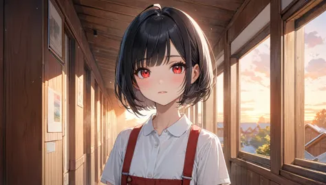 chibi character、girl、black hair、ahoge、bobcut、red eye、glowing eyes、a fleeting expression、white shirt、red skirt with red suspender...