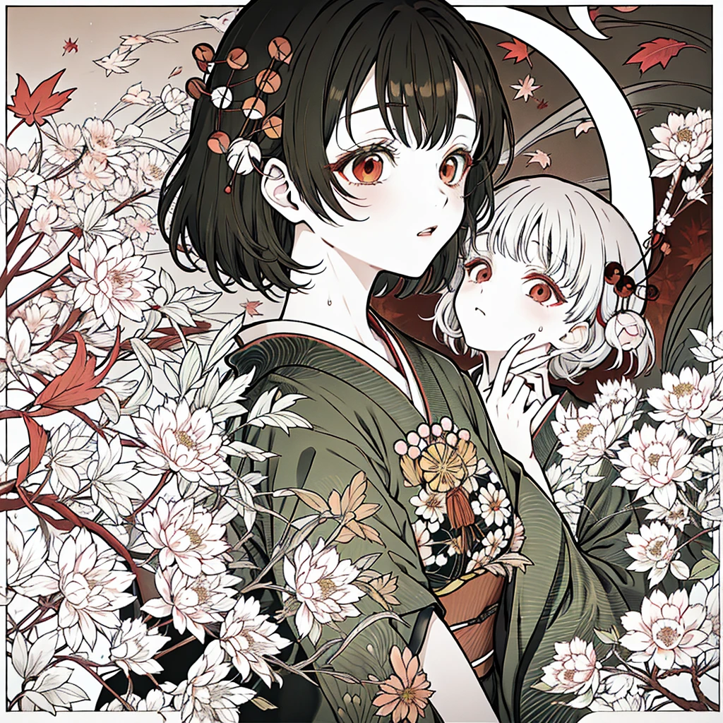 【Highest Quality, masutepiece】 [girl, Kimono, Red Eyes, profile, Wavy short hair, Brown hair, Upper body] (Moon, Autumn leaves with a green tint),  Japan drink alcohol, Sweat, long eyeslashes, Solo, Fireworks