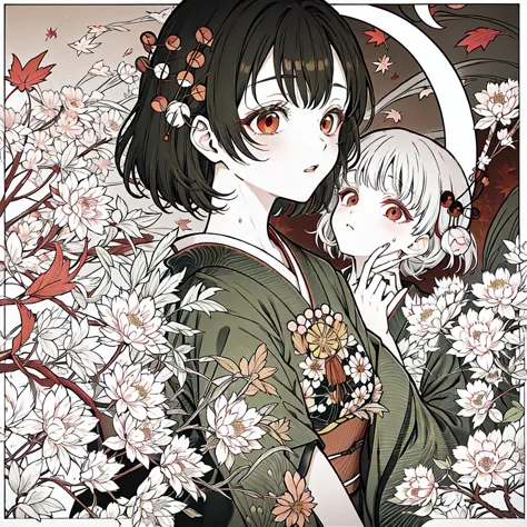 【highest quality, masutepiece】 [girl, kimono, red eyes, profile, wavy short hair, brown hair, upper body] (moon, autumn leaves w...