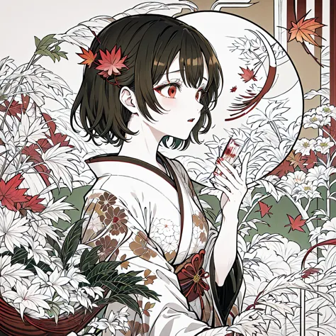 【highest quality, masutepiece】 [girl, kimono, red eyes, profile, wavy short hair, brown hair, upper body] (moon, autumn leaves w...