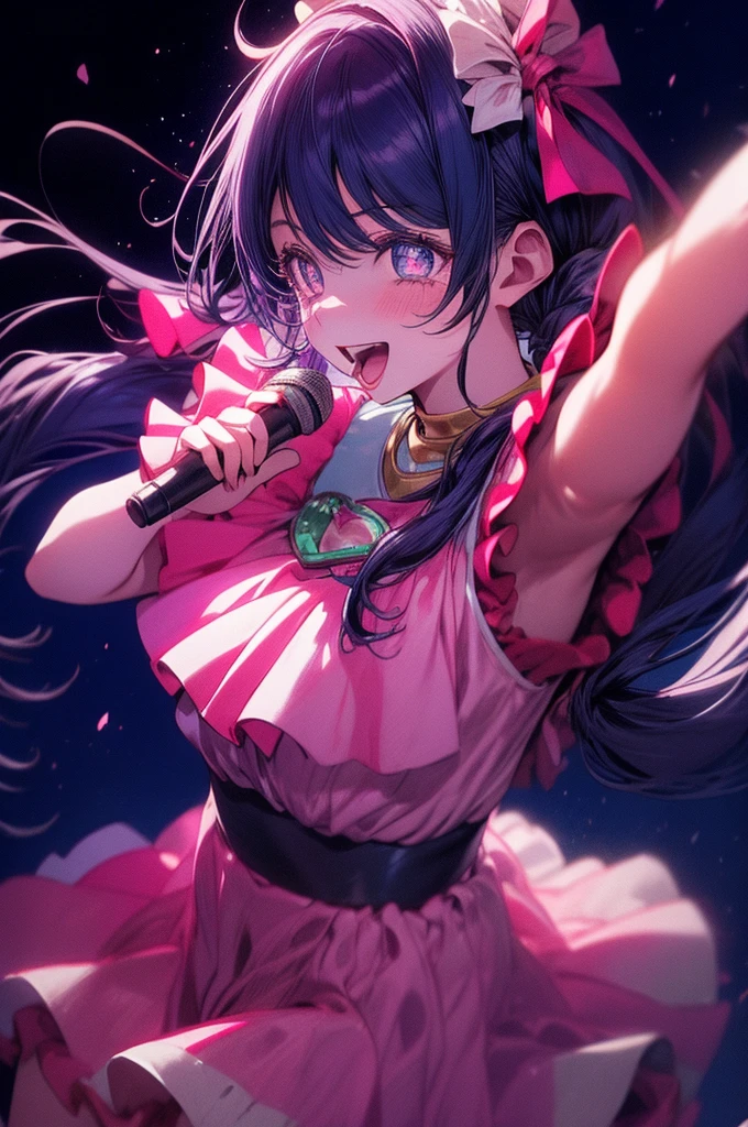 Tojo Nozomi,Live,Sing a song,Tears of joy,microphone,Open your arms,fun,Penlight,背景にPenlight,One girl, love live!, Purple Outfit, Twin tails, Maid, Large Breasts,happy,bright,Light masterpiece, Best Quality, up to date, so beautiful, Super detailed, 8k, Ultra-fine illustrations, Very exquisite beautiful face and eyes, Perfect Anatomy, Professional Lighting