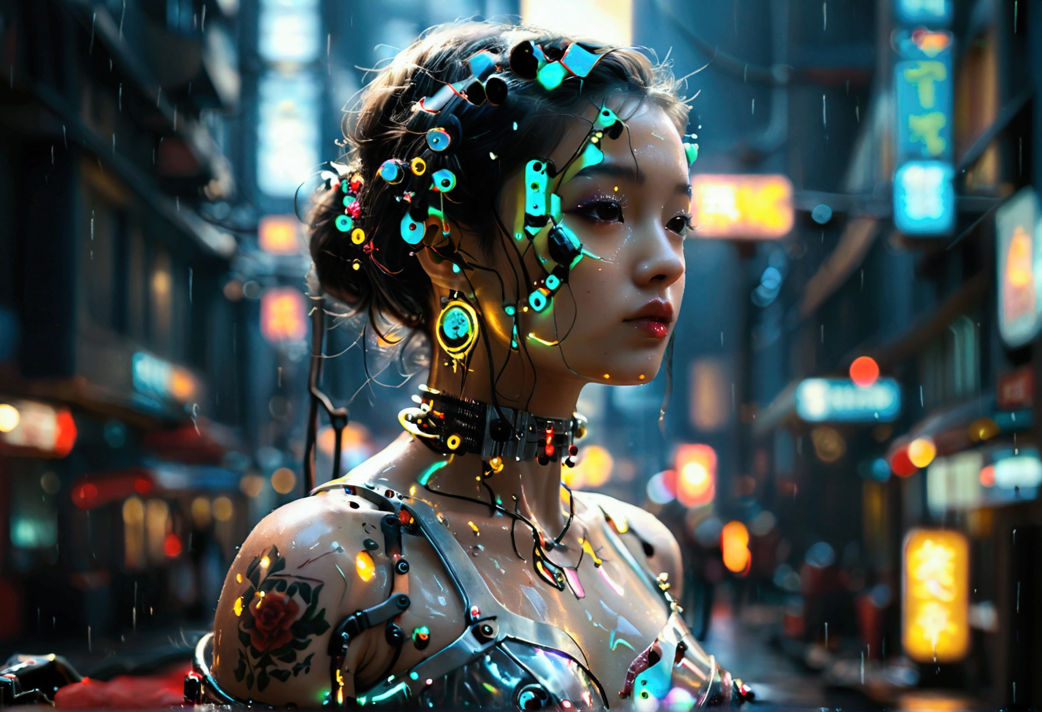 A photorealistic image with dark background and with a full-body beautiful nude tattooed Asian woman with mechanized body parts in the cyberpunk style stands out. His transparent skin reveals circuits and cables, The limbs are a mixture of flesh and metal, with advanced prosthetics and cybernetic interfaces. The image represents the fusion between the human and the mechanical in the futuristic world of cyberpunk. a Robo-dog like Spot from Boston dynamic stands by her side.