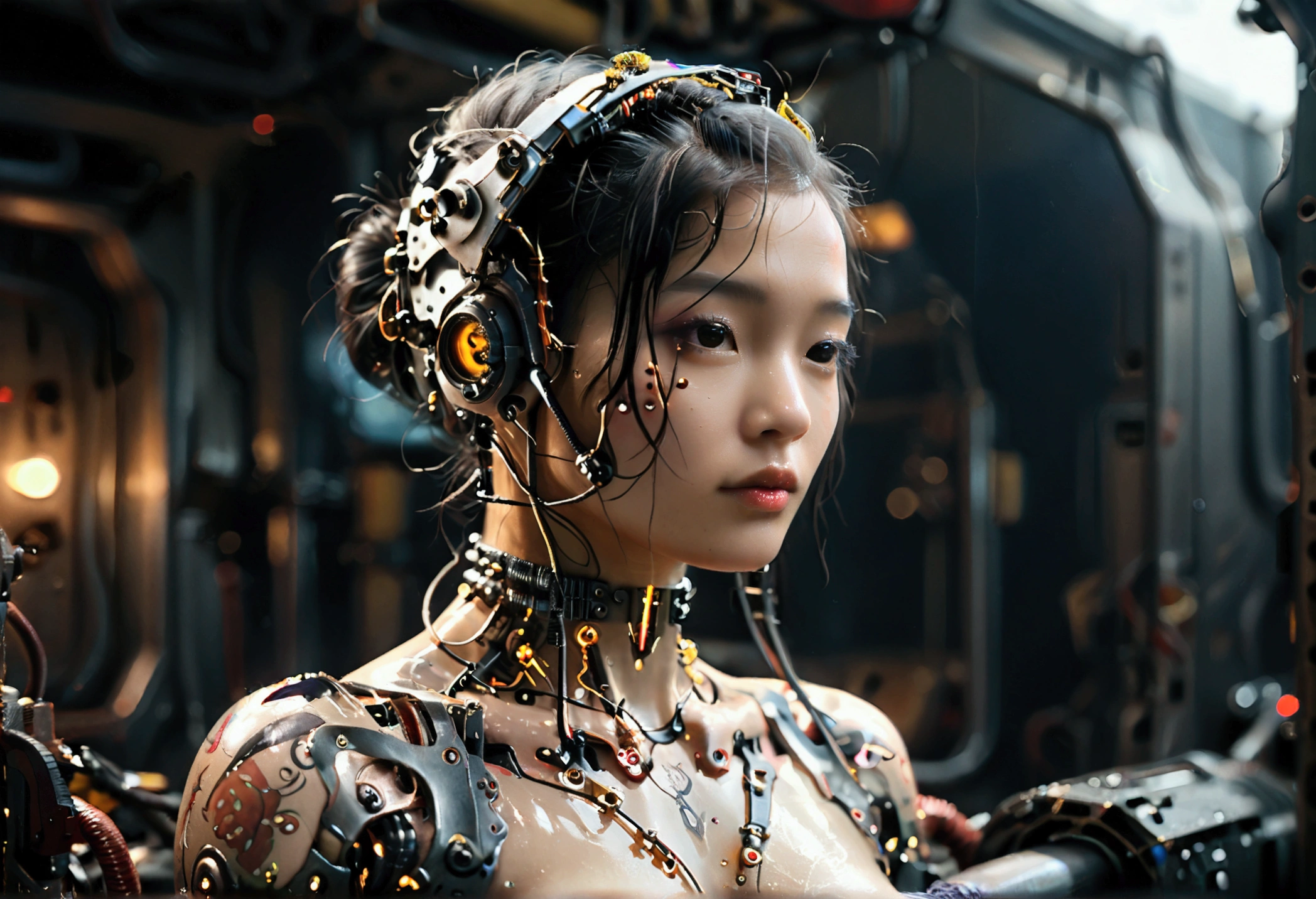 A photorealistic image with dark background and with a full-body beautiful nude tattooed Asian woman with mechanized body parts in the cyberpunk style stands out. His transparent skin reveals circuits and cables, The limbs are a mixture of flesh and metal, with advanced prosthetics and cybernetic interfaces. A Robo-dog like Spot from Boston dynamic stands by her side.