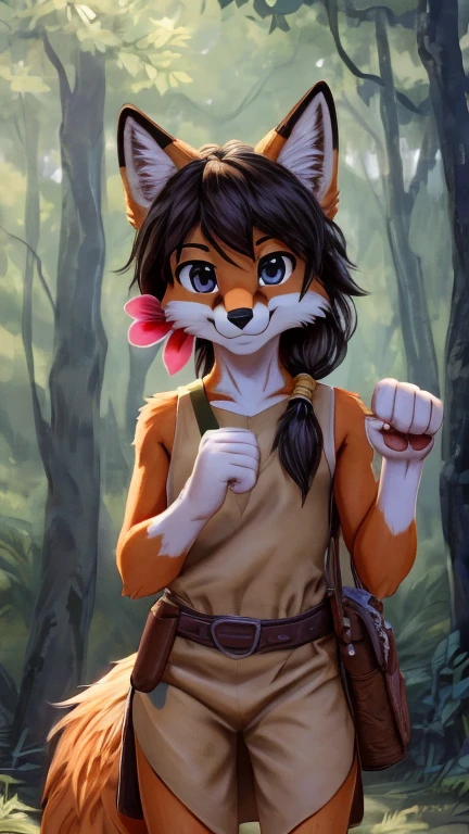 (1girl, solo, fox), highly insanely detailed, masterpiece, top quality, best quality, highres, 4k, 8k, RAW photo),((Cowboy shot)),((Paw pose)),From the front, symmetrical composition,smile,cute,Innocent,Kind eyes,(Tsukasa Hojo Style),forest,(willa), standing, hair tie, hair flower, sleeveless brown dress