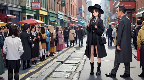 woman standing in the crowd on the main street, black hat, black boots, black long cardigan, white dress