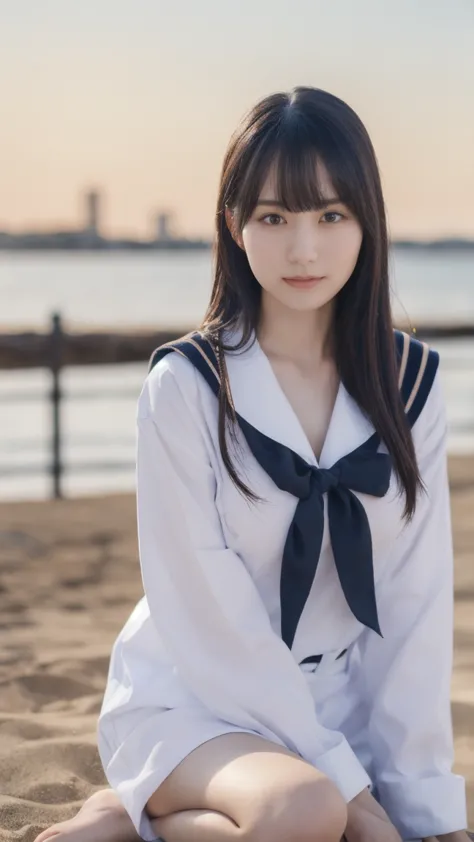 One girl,(Wearing a sailor suit:1.2),(RAW Photos, Best Quality), (Realistic, photo-Realistic:1.4), masterpiece, Very delicate and beautiful, Very detailed, 2k wallpaper, wonderful, In detail, Very detailed CG unity 8k wallpaper, Very detailed, High resolution, Soft Light, Beautiful detailed girl, Very detailed eyes and face, Beautiful detailed nose, Beautiful detailed eyes,Cinema Lighting,Sunset beach,Perfect Anatomy,Slender body,(Long hair with bangs), Large Breasts:1.5, whole body:1.4, Sitting.