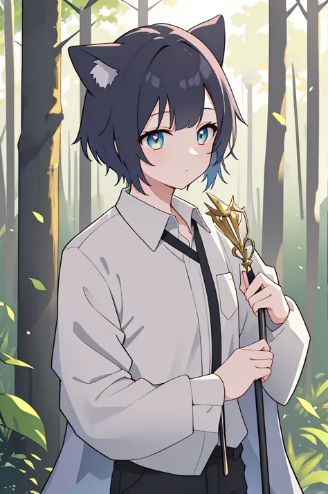 a young boy with golden cat eyes, wearing a collared shirt and shorts, with short black hair and cat ears, shoulder-length hair,...