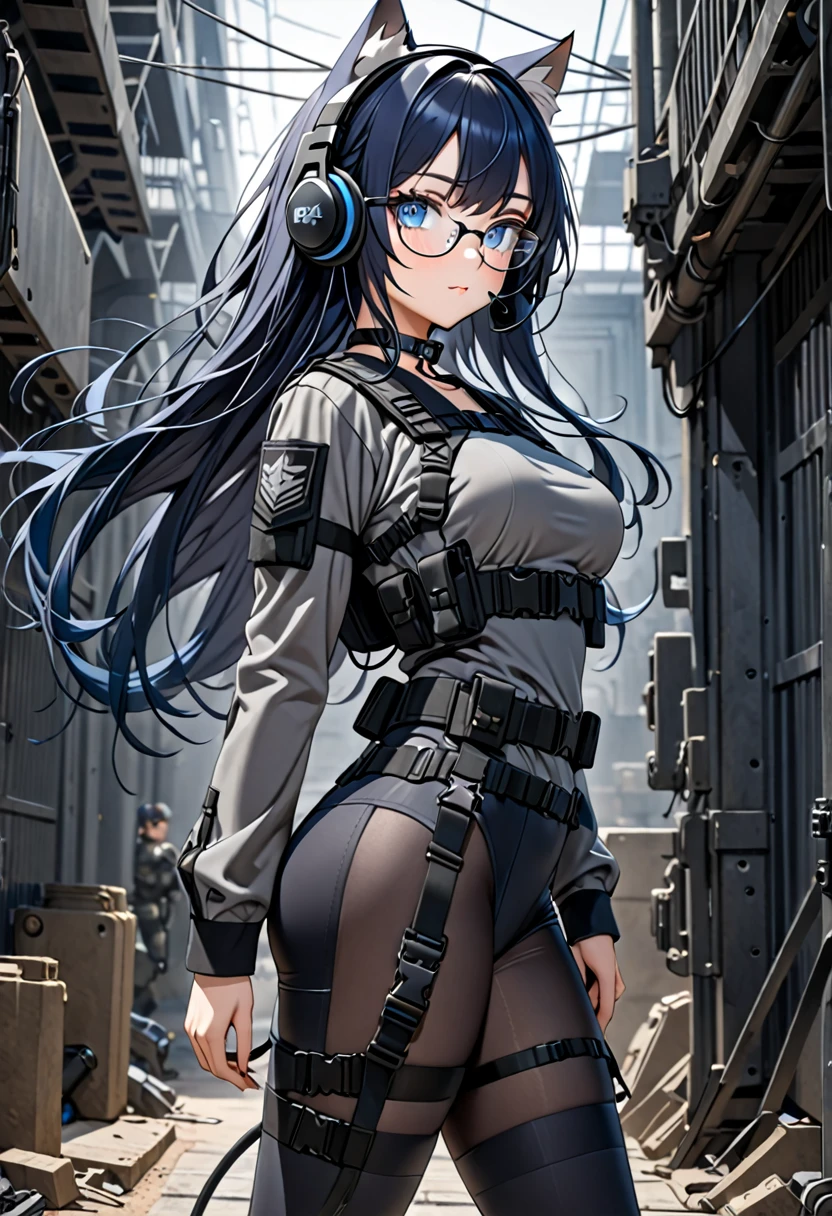 8K Ultra High-Quality, ultra-detailed, High quality, Dark Blue hair, Long hair, Blue eyes, Headset, cat girl, Grey Tactical clothes, Dark grey trimmings, Military clothes, black spandex under clothes, body harness, Looking at viewer, choker, glasses, full body, close up, side view