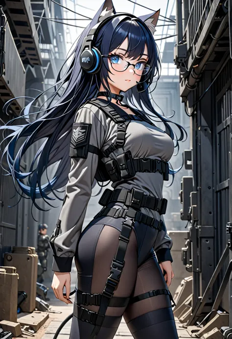 8k ultra high-quality, ultra-detailed, high quality, dark blue hair, long hair, blue eyes, headset, cat girl, grey tactical clot...