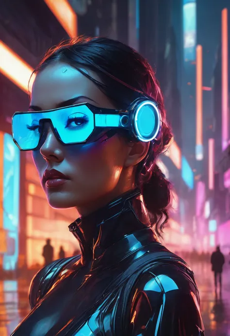 design a digital artwork of a futuristic female killer,have a smooth, reflective glass glasses and a supple, high-tech texture, ...