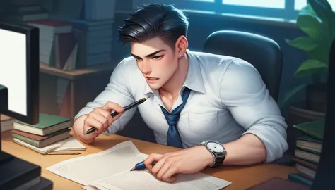 a young man with sharp, angular facial features is seated at a cluttered office desk. his expression is calm but focused, sugges...