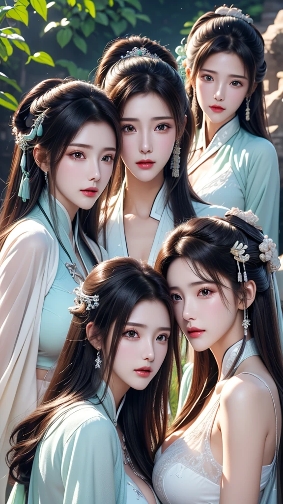 ((3girls)), masterpiece, Best Quality, Illustration, Ultra-detailed, finely detail, hight resolution, 8K Wallpaper, Perfect dynamic composition, Beautiful detailed eyes , Sexy face,Face feeling ecstasy,Face at the peak of sexual arousal, looking at viewer, ((ancient chinese background)), white suit, black hair, perfect slim body, hair ornament, show breast