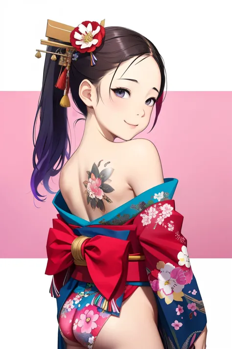 (A very small young Japanese girl)，Loincloth，Japanese Festivals，tattoo，tattoo，Cute kimono，I saw the world，Urine stains，(Side Pony,Colorful Hair，Hair accessories)，tattoo nas costas，sheath，flower，背中のtattoo，Off the shoulder，Exposing shoulders，Look Back，From behind，Hold, compensate,
