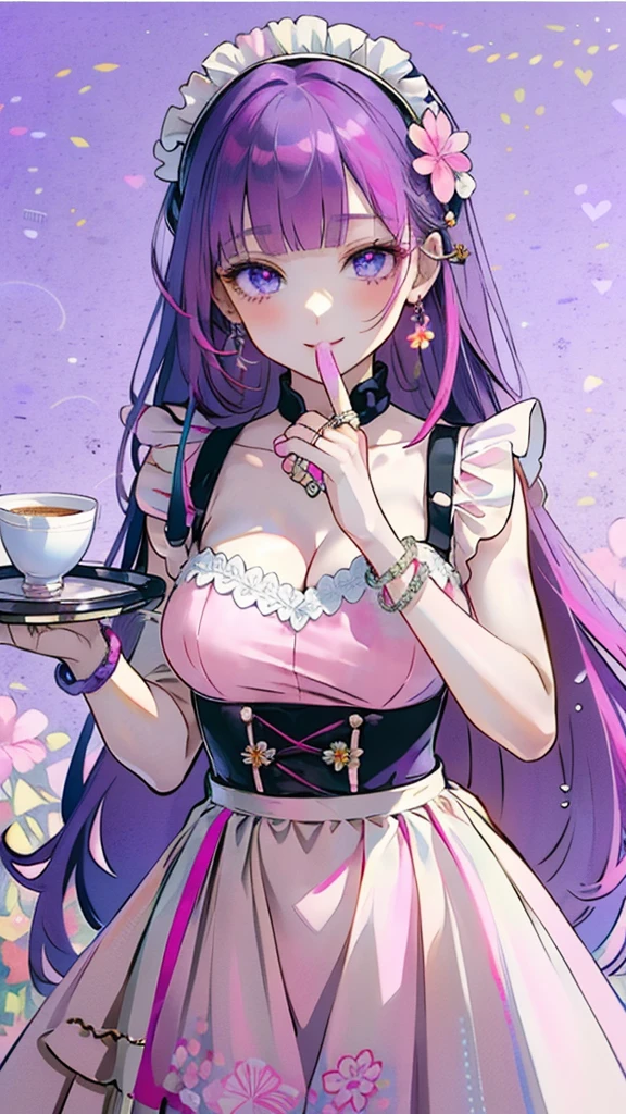 ((masterpiece, ultra high definition, ultra high resolution, 8K quality)), ((((one beautiful woman))))), (((shining Purple long straight hair))), ((blunt bangs)), ((shining Purple eyes)), ((highlights on eyes)), ((very long eyelashes)), (((Pink colored Japanese maid dress))), (((very large breasts, slim body))), (((charming smile))), (((upper body, beautiful standing pose))), (((cute earrings, bangles, bracelets, rings))), Holding a coffee cup on a tray, ((Pink flower garden in background))
