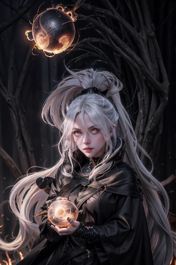 a beautiful witch with long white hair, glowing eyes, wearing black leather, conjuring a flaming sphere in her hand, looking directly at the viewer, detailed facial features, dynamic pose, dramatic lighting, highly detailed, cinematic, photorealistic, 8k, masterpiece, fantasy art