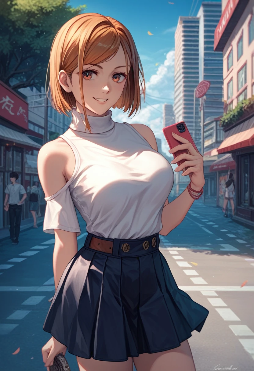 score_9, score_8_up, score_7_up,score_6_up, source_anime, solo, medium breast, sharp gaze, sakura tree on the side of the road, 1girl, kugisaki nobara, smile, looking at viewer , white shirt, off-shoulder shirt, white tight sleeveless turtleneck, short thight skirt, outdoors, city street, blue sky,4K,Detailed,4k highly detailed digital art,masterpiece,best quality,ligne claire,(cool_color),perfect composition,absurdres, {Highest quality}, {so beautiful}, {Very detailed}, {Best illustrations},{uncensored}