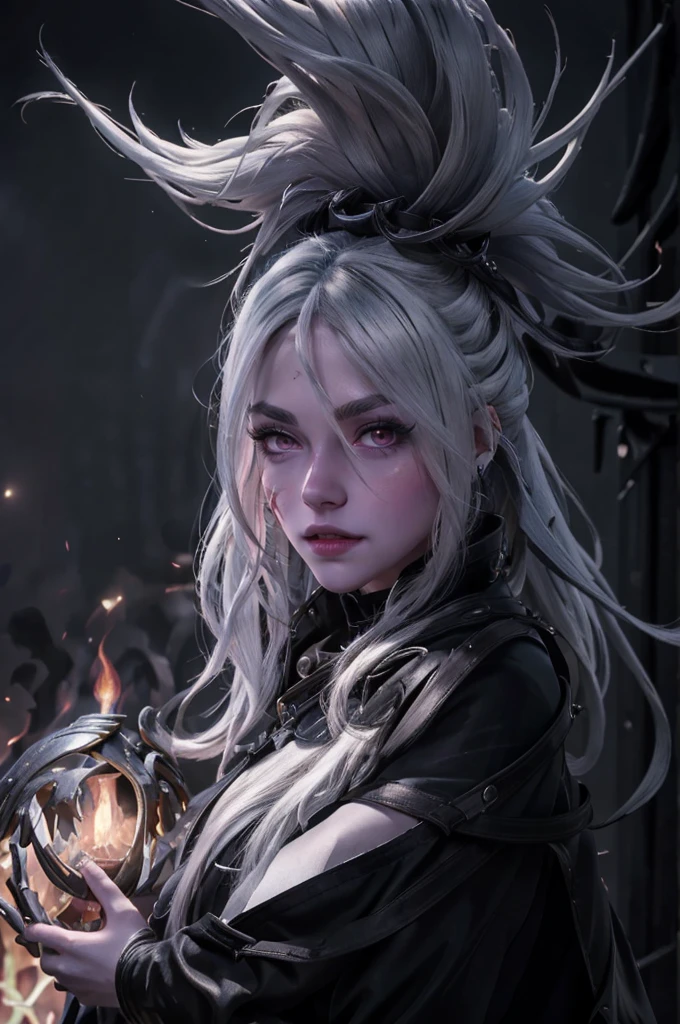 A beautiful woman with striking white hair and glowing eyes, wearing a black leather outfit, conjuring a flaming sphere in her hand, looking directly at the viewer, dark fantasy portrait, highly detailed, cinematic lighting, dramatic atmosphere, rich colors, photorealistic, (best quality,4k,8k,highres,masterpiece:1.2),ultra-detailed,(realistic,photorealistic,photo-realistic:1.37)