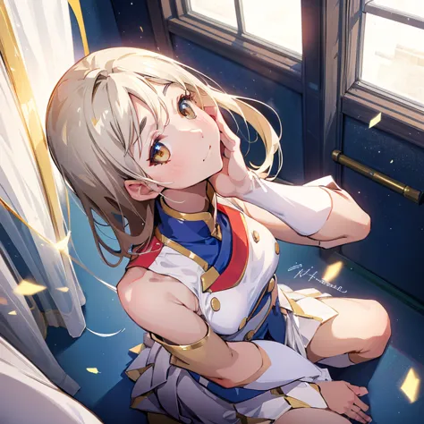 best quality, masterpiece,カラフルなhair, golden eyes,white clothes, look up, ,hair,white skin,