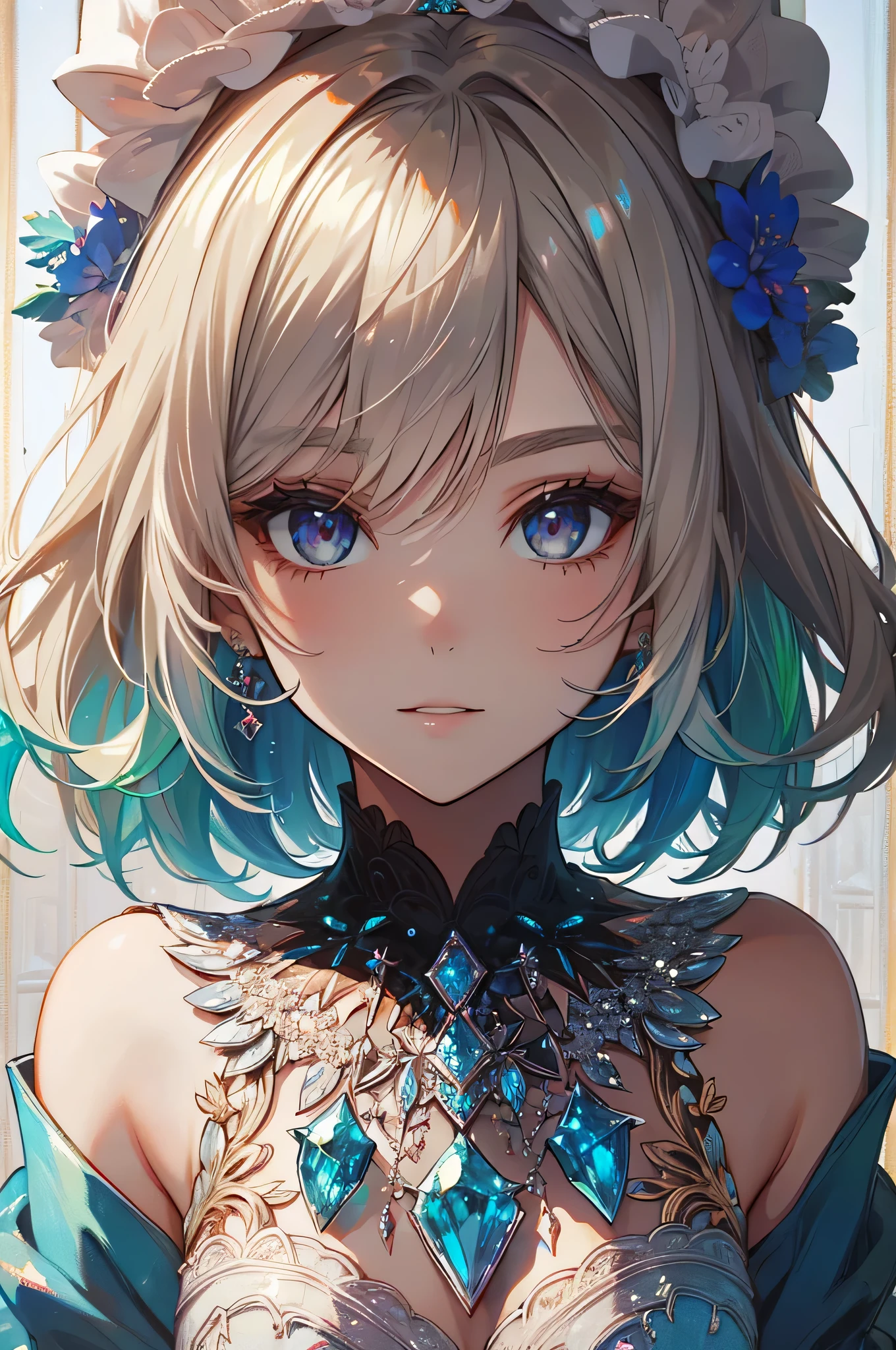 1 girl, wearing edgCrystal, necklace, cute little, (K-pop is inactive), (attractiveness:1), (platinum blonde hair:0.8), Rainbow color, edgCrystal, iridescent, Outside, (Methodological painting:1.2), (very detailed), (high resolution), (high quality), (masterpiece)
