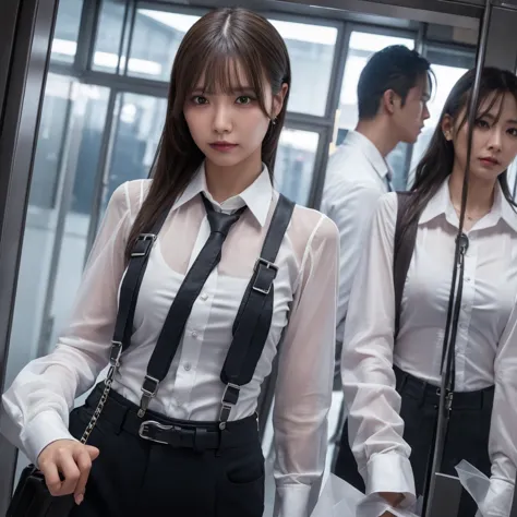 a woman in a suit, belt, hands behind back, sweating, suspenders, black pants, large breasts, see-through clothing, rain, detect...