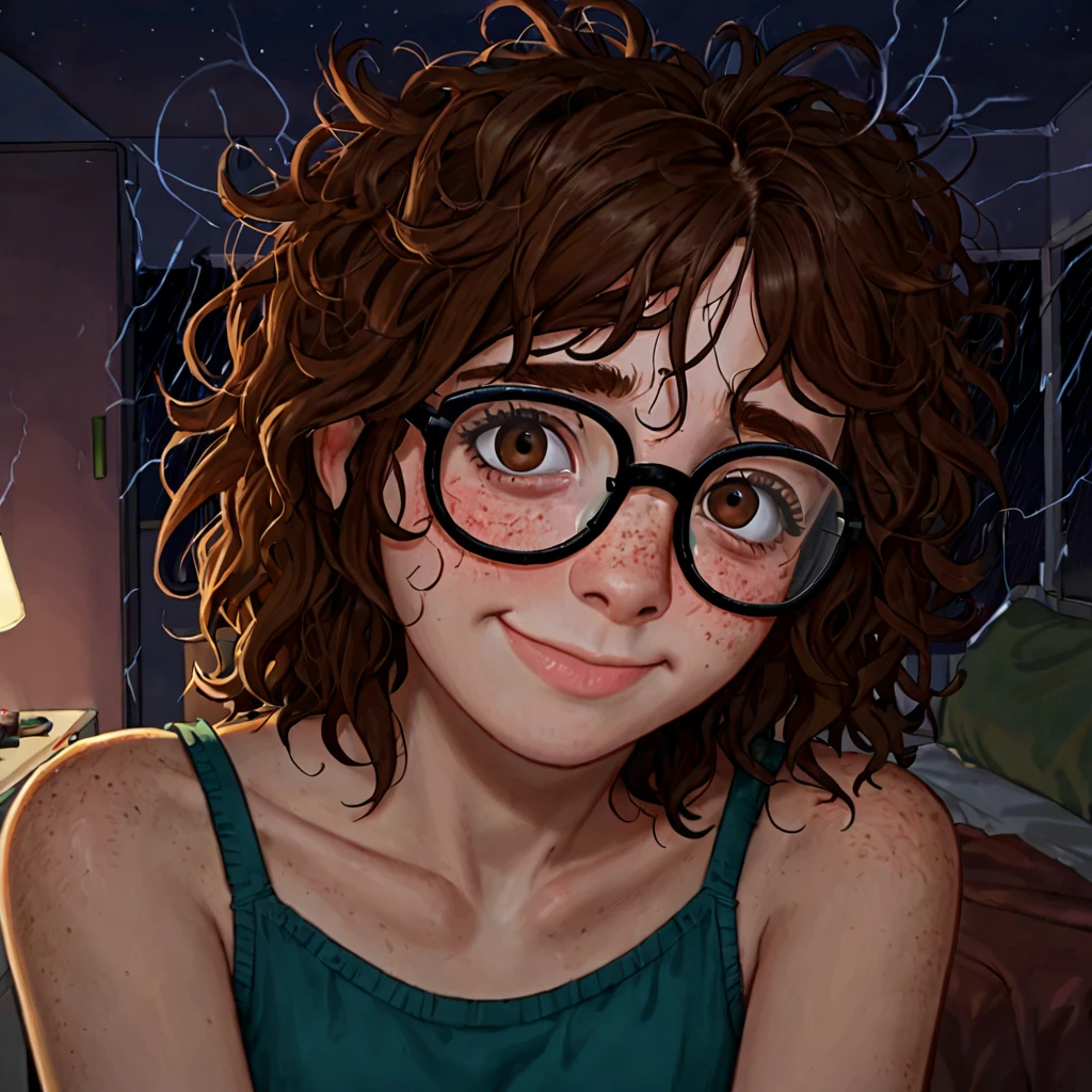 1 girl, shy, brown eyes, brown hair, freckles, nerd glasses, messy hair, messy bedroom, night, dark room, no lights, storm outside, shy, nervous smile, looking at viewer,