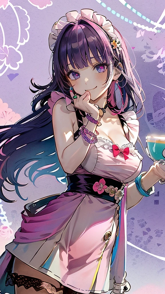 ((masterpiece, ultra high definition, ultra high resolution, 8K quality)), ((((one beautiful woman))))), (((shining Purple long straight hair))), ((blunt bangs)), ((shining Purple eyes)), ((highlights on eyes)), ((very long eyelashes)), (((Pink colored Japanese maid dress))), (((very large breasts, slim body))), (((charming smile))), (((upper body, beautiful standing pose))), (((cute earrings, bangles, bracelets, rings))), Holding a coffee cup on a tray, ((Pink flower garden in background))
