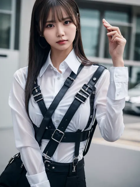 a woman in a suit, belt, hands behind back, sweating, suspenders, black pants, large breasts, see-through clothing, rain, detect...