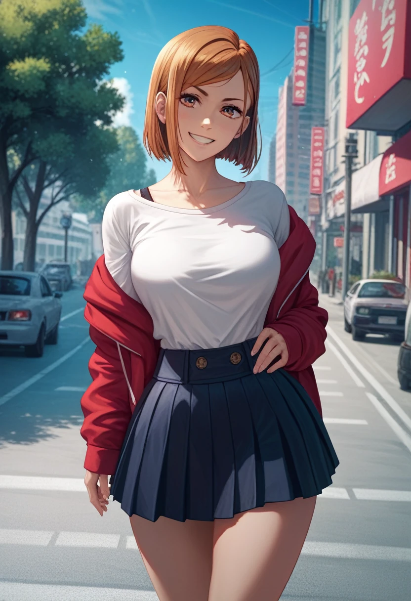 score_9, score_8_up, score_7_up,score_6_up, source_anime, solo, medium breast, wide hips, sharp gaze, sakura tree on the side of the road, 1girl, kugisaki nobara, smile, looking at viewer , white shirt, off-shoulder shirt, red tight hoodie, short thight skirt, outdoors, city street, blue sky,4K,Detailed,4k highly detailed digital art,masterpiece,best quality,ligne claire,(cool_color),perfect composition,absurdres, {Highest quality}, {so beautiful}, {Very detailed}, {Best illustrations},{uncensored}