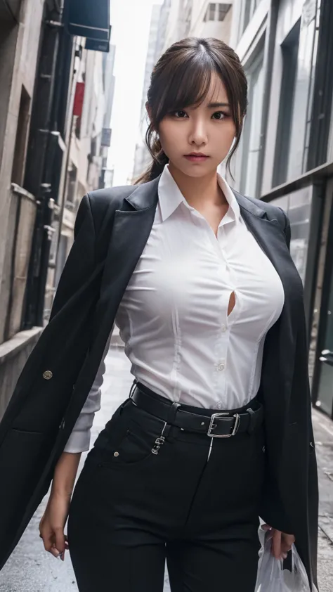 a woman in a suit, belt, hands behind back, sweating, suspenders, black pants, large breasts, see-through clothing, rain, detect...