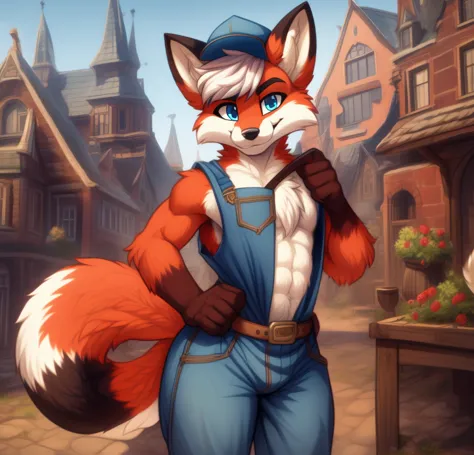 best quality, super detailed illustration, cartoon illustration, a furry male fox, blue eyes, villager outfit, black flat cap ha...