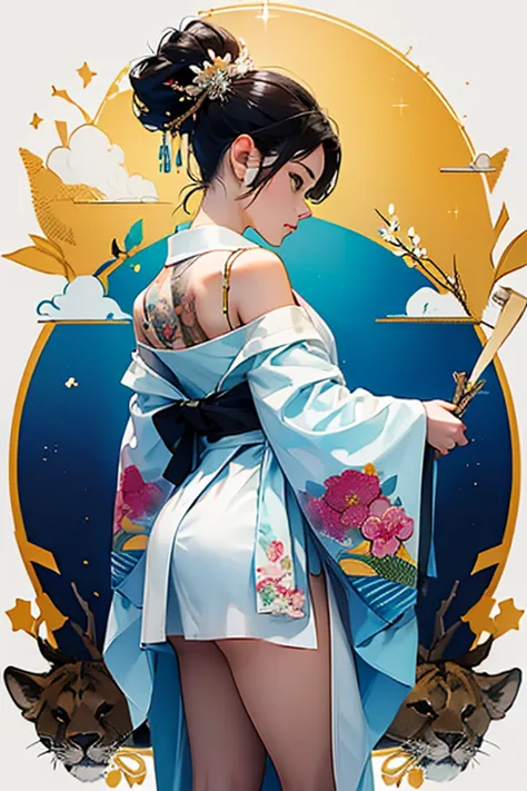 (masterpiece, Best Quality, Best Quality, Official Art, beautifully，Midea:1.2)，Very small young girl，Very short stature，Flat Chest，Child body type，Very thin thighs，Very small ass，tattoo，kimono，Hair Accessories, unsheathing, Black Hair, sheath, back全面flowerのtattoo, Brown eyes, Off the shoulder, Expose your shoulders, Looking Back, From behind, flower, View your viewers, keep, Compensate, indoor，Cute loincloth，