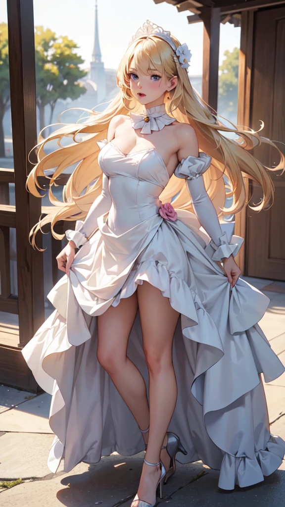 1girl, solo, elegant hair (full body: 1.1), (side at the viewer: 1.1), filmg , sweet_lolita, Best quality, masterpiece, blond hair, blue eyes, Exquisite mouth,Very detailed face, blush, Shiny wet skin, Pink lips, Delicate lips, one piece race queen cosplay outfit, garage background, low lighting,  standing tall with a slight lean forward or backward, her dress billowing in the wind. One leg can be extended slightly forward to give the impression of movement, and her arms can be gently raised or relaxed by her sides.