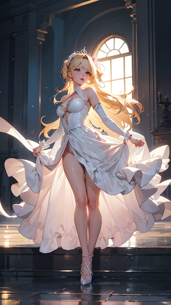 1girl, solo, elegant hair (full body: 1.1), (side at the viewer: 1.1), filmg , sweet_lolita, Best quality, masterpiece, blond hair, blue eyes, Exquisite mouth,Very detailed face, blush, Shiny wet skin, Pink lips, Delicate lips, one piece race queen cosplay outfit, garage background, low lighting,  standing tall with a slight lean forward or backward, her dress billowing in the wind. One leg can be extended slightly forward to give the impression of movement, and her arms can be gently raised or relaxed by her sides.