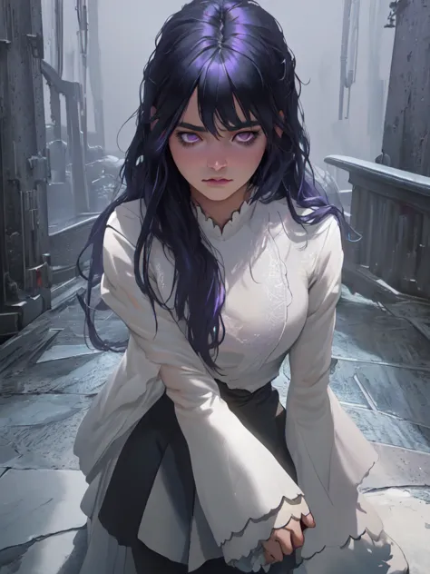 a magical girl, long black hair, purple eyes, wearing predominantly black and purple clothes, depressive magical world, dark fan...