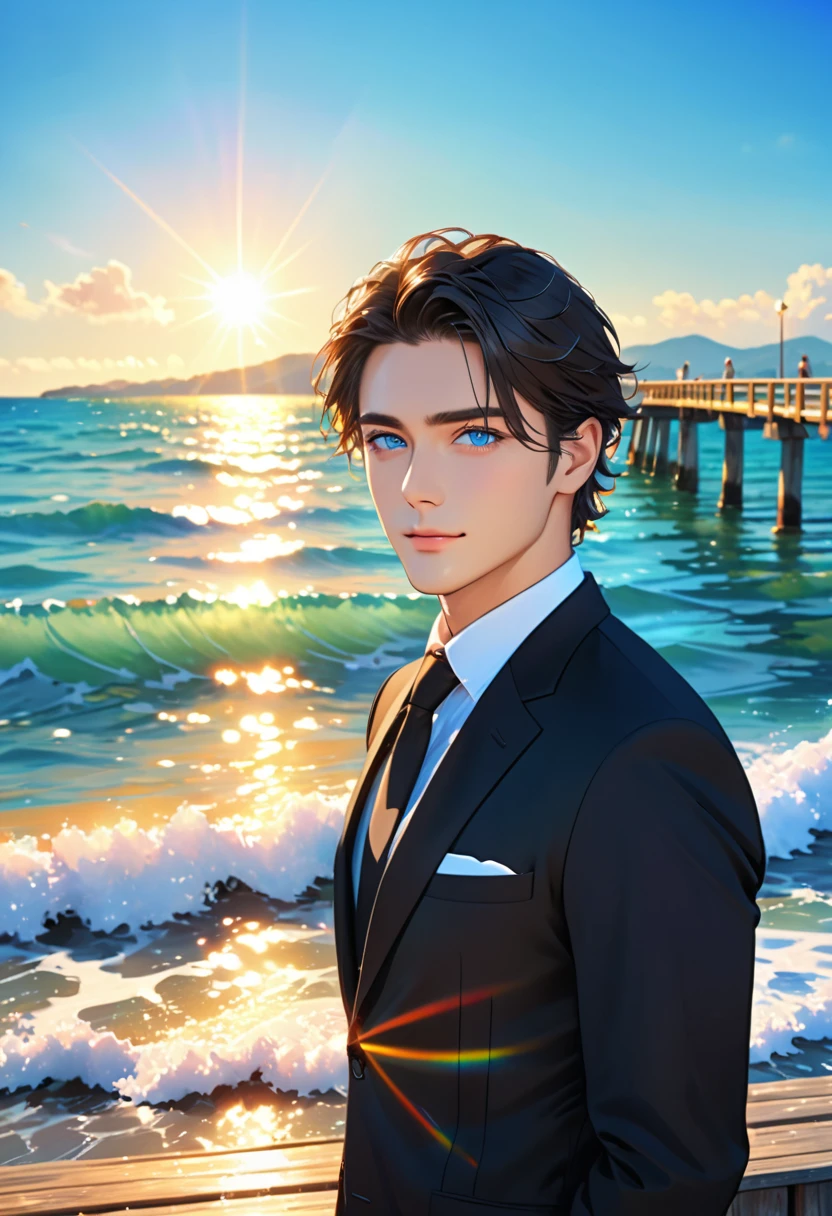 (masterpiece, Best Quality:1.2), One Man、(side), blue sea eyes, Beautiful Face, beautiful eyes, Black Suit、Backlight, Standing on the pier, (sea, Shining Water Surface), Wave, Summer pier landscape background, Vibrant colors, Bright sunlight, 8k, Ultra HD