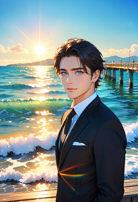 (masterpiece, best quality:1.2), one man、(side), blue sea eyes, beautiful face, beautiful eyes, black suit、backlight, standing o...