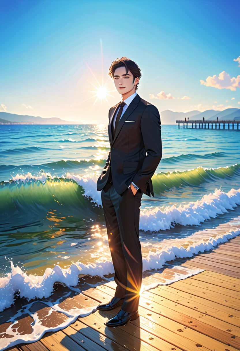 (masterpiece, Best Quality:1.2), One Man、(side), blue sea eyes, Beautiful Face, beautiful eyes, Black Suit、Backlight, Standing on the pier, (sea, Shining Water Surface), Wave, Summer pier landscape background, Vibrant colors, Bright sunlight, 8k, Ultra HD